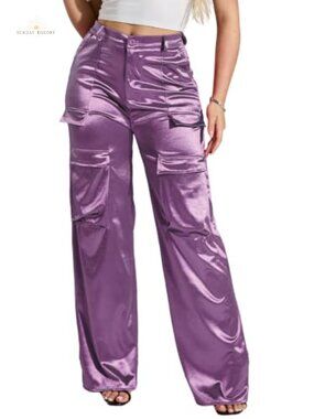 High Waisted Wide Leg Satin Cargo Pants Relaxed Fit Trousers
